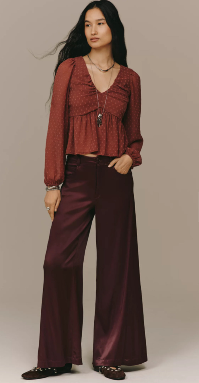 NWT Pilcro Wide Leg Satin Pants Size 29 Burgundy High Rise Trousers Anthropology